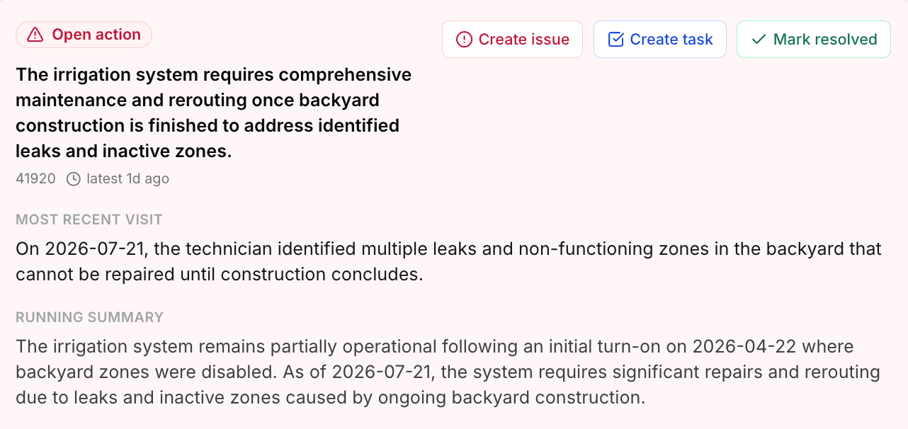 An open action in Capsa tracking irrigation leaks found during a visit, with a running summary of the issue since April and buttons to create an issue, create a task, or mark it resolved