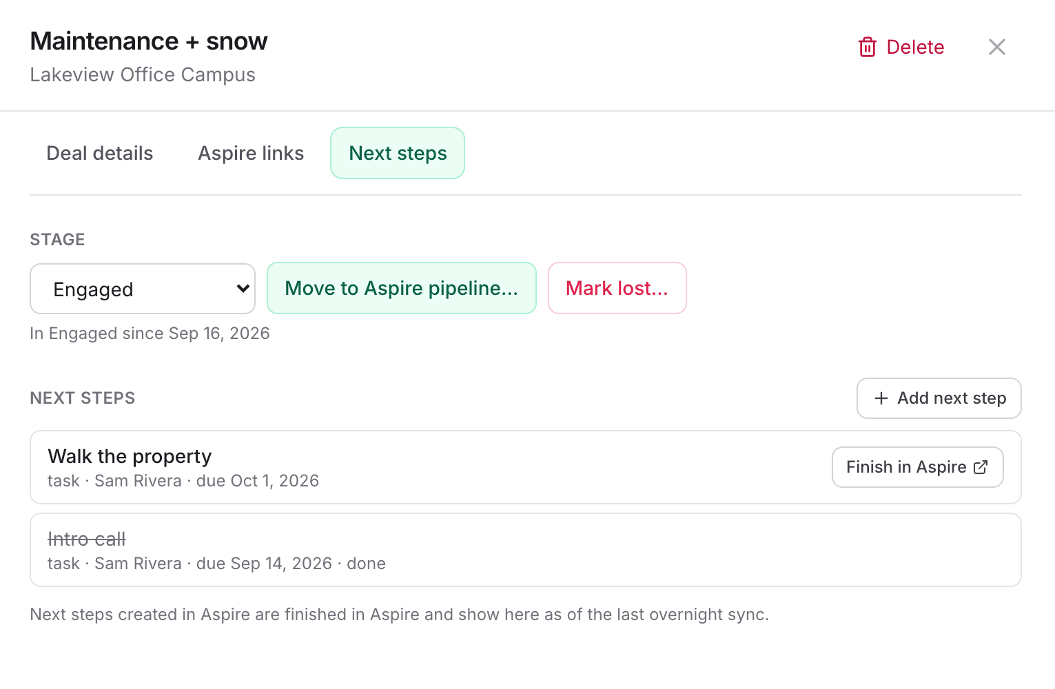 Next steps for a deal showing an open Walk the property task assigned to Sam Rivera due October 1 with a Finish in Aspire action, and a completed Intro call