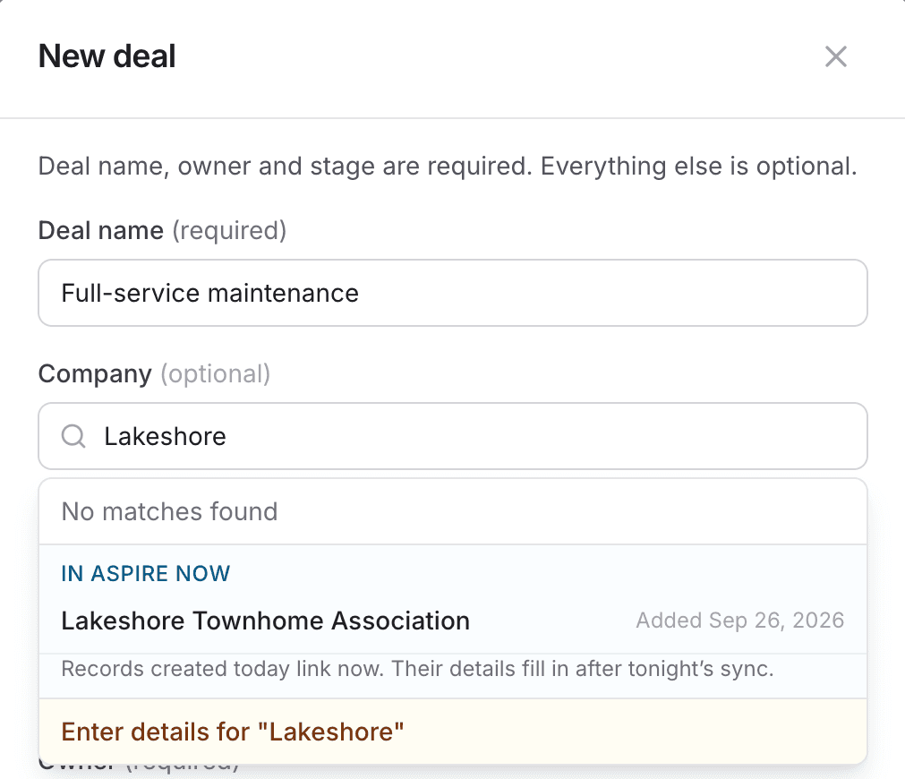 Company search showing No matches found in the synced list, then an In Aspire now result for Lakeshore Townhome Association added today, with the note that records created today link now and their details fill in after tonight's sync