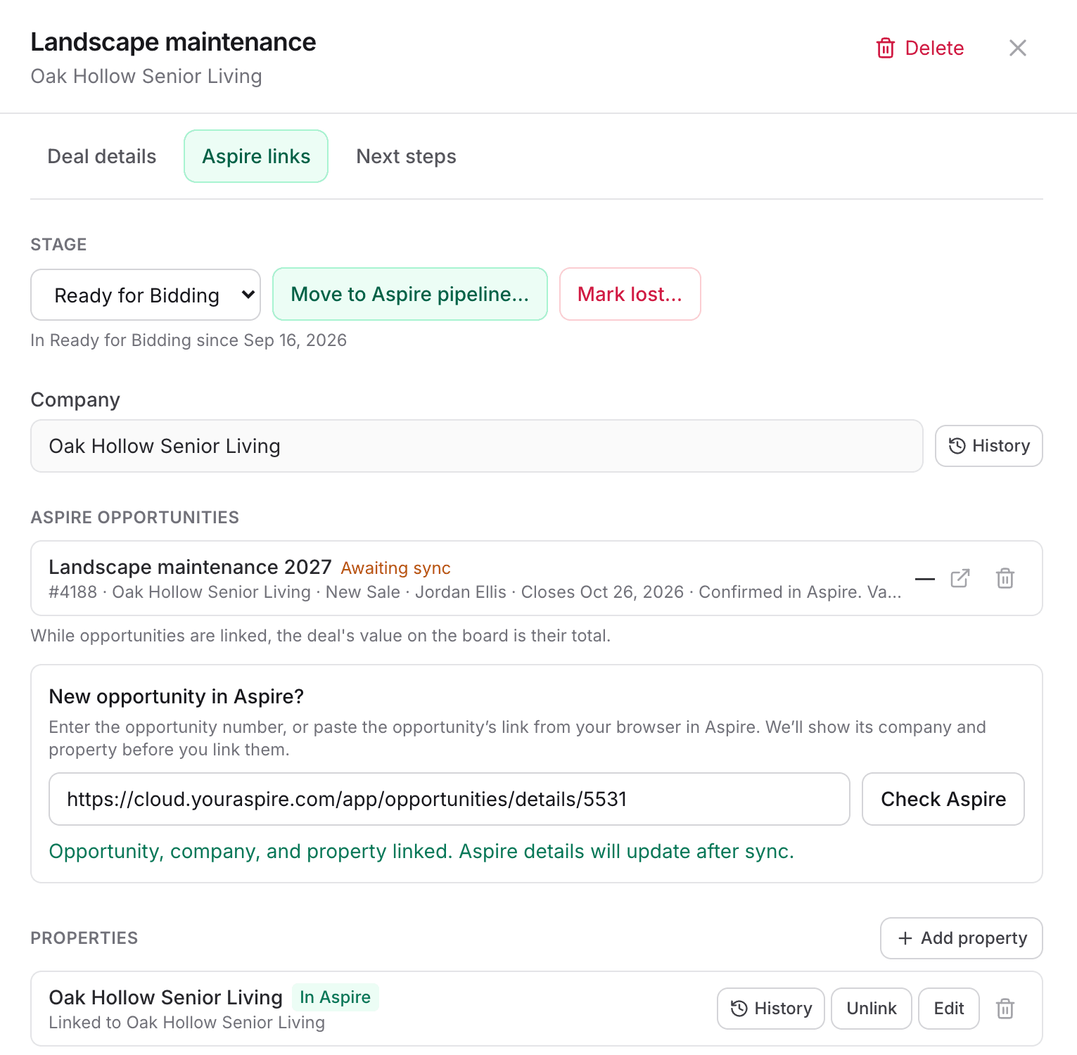The same deal after linking, showing the opportunity with an Awaiting sync label and a confirmation that the opportunity, company, and property are linked and Aspire details will update after sync