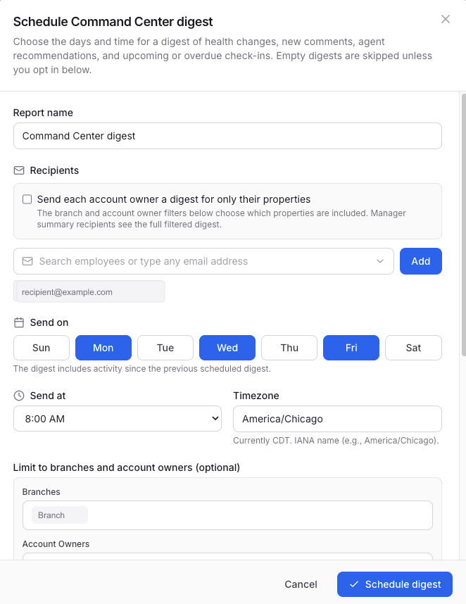 Command Center digest schedule options
