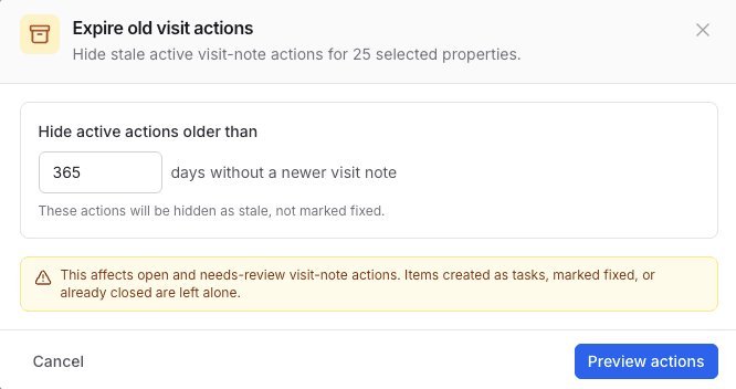Expire old visit actions setup with age threshold
