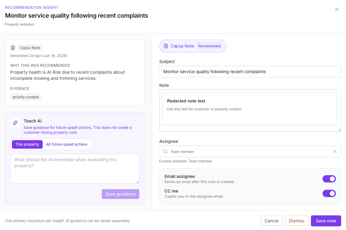 Recommendation insight with a Capsa note and Teach AI guidance