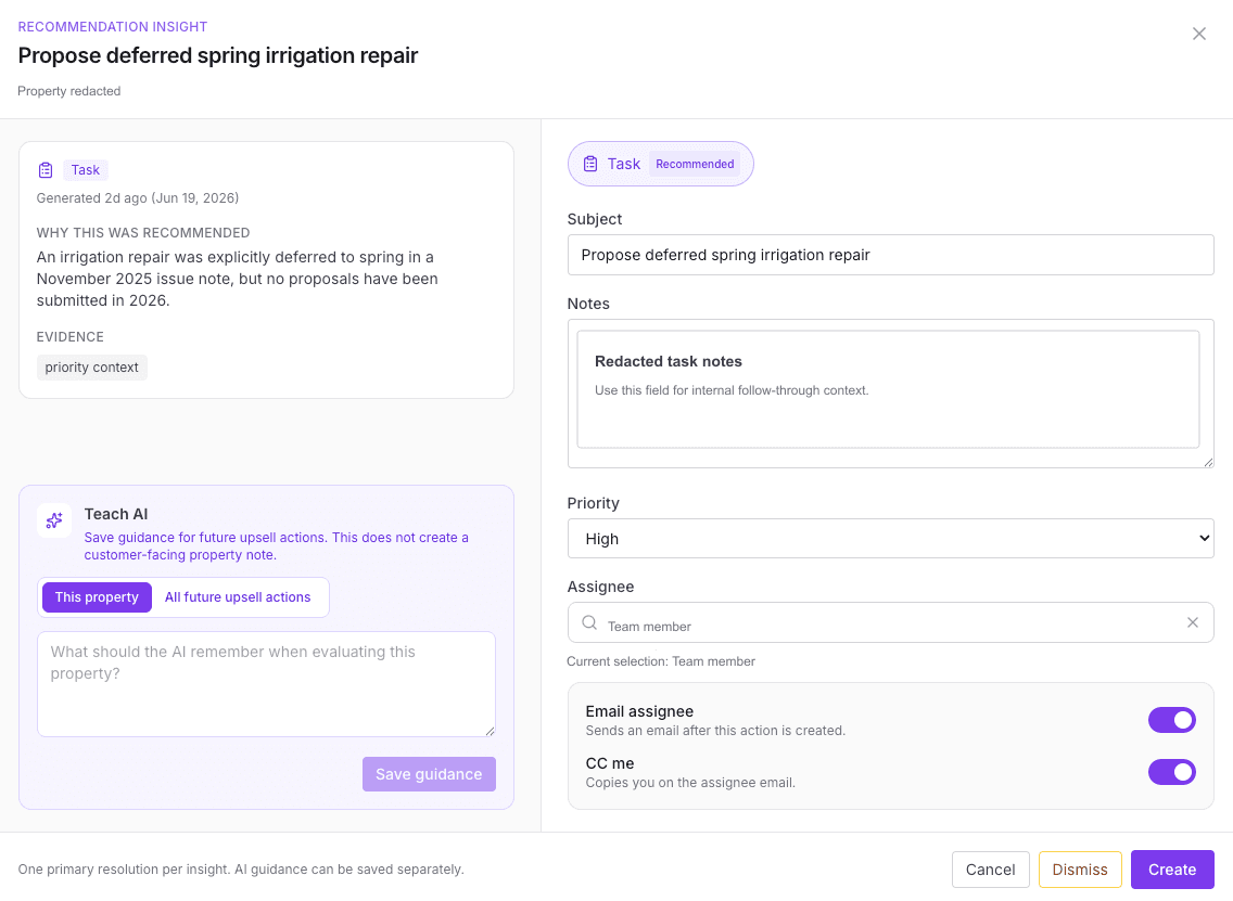 Recommendation insight with a task and Teach AI guidance