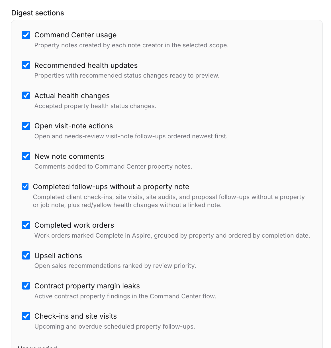 The digest's signal sections: recommended health updates, actual health changes, open visit-note actions, upsell actions, contract margin leaks, completed work orders, and check-ins and site visits