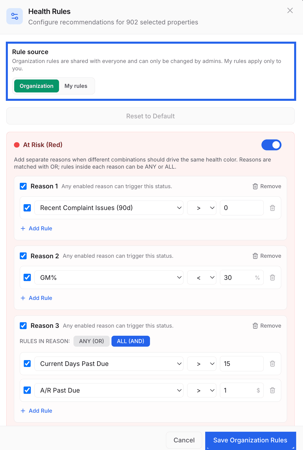 Health Rules settings with blue callouts around rule source and the save button