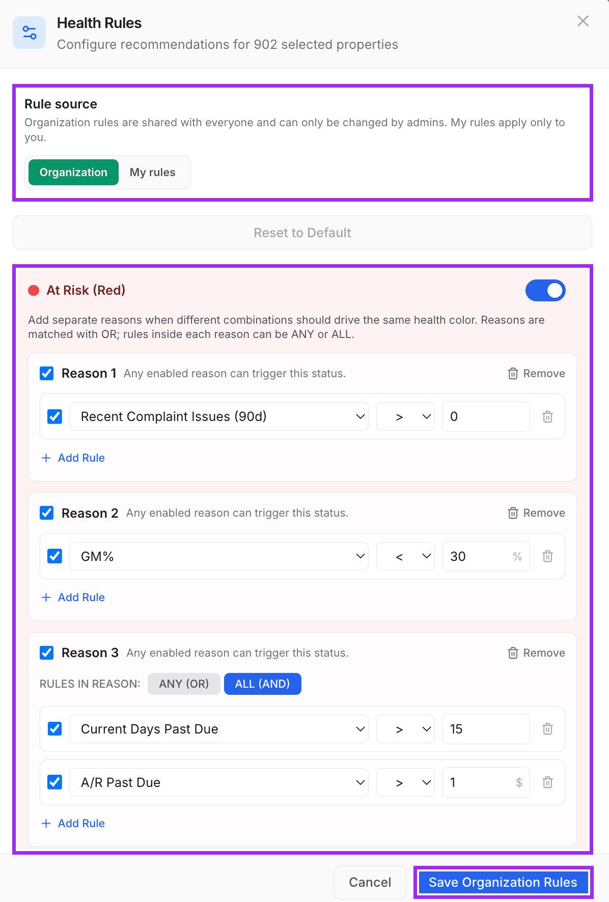 Health Rules settings with callouts around rule source, At Risk criteria, and Save Organization Rules
