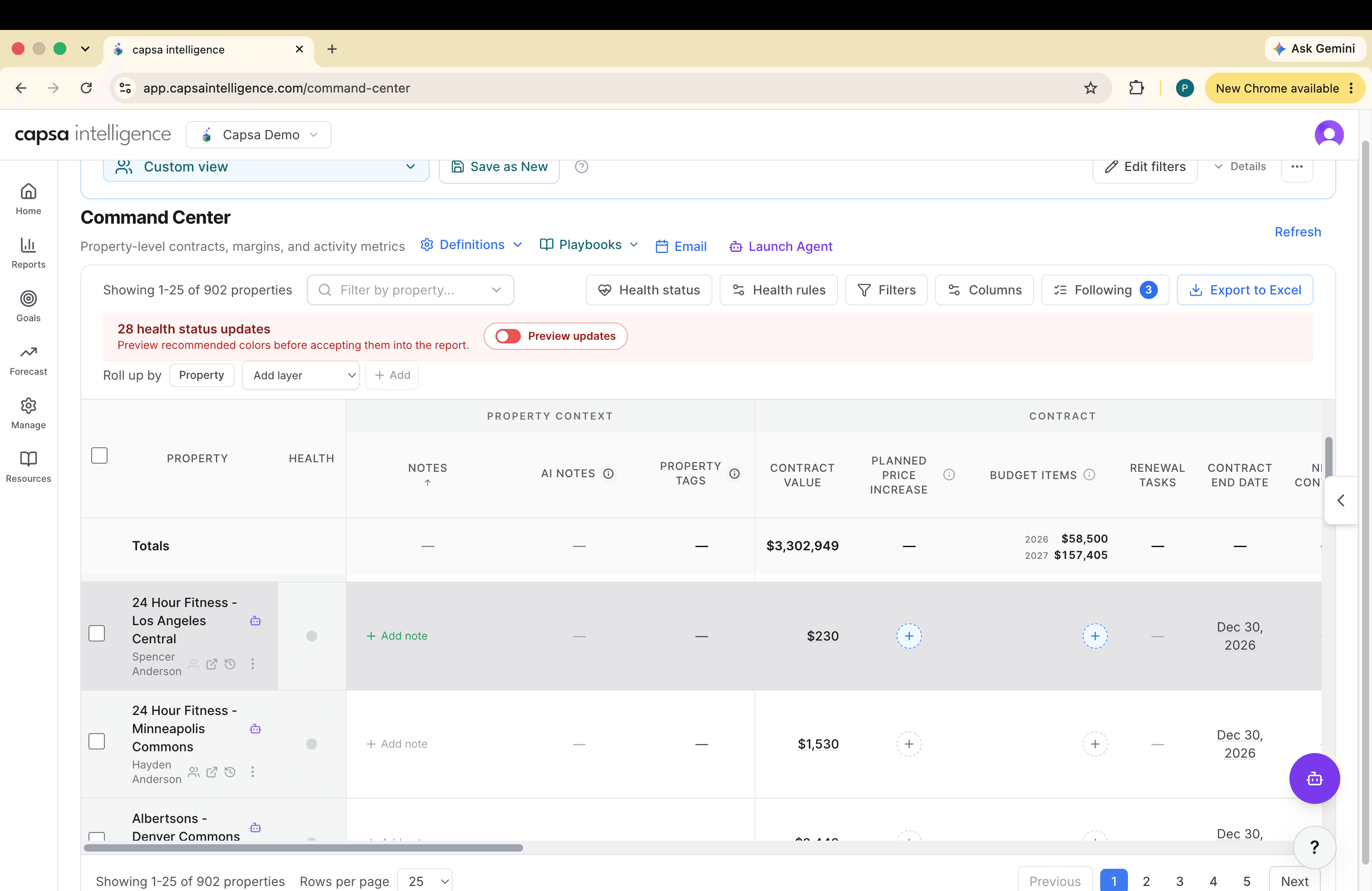 Command Center properties with Add note shown in the Notes column