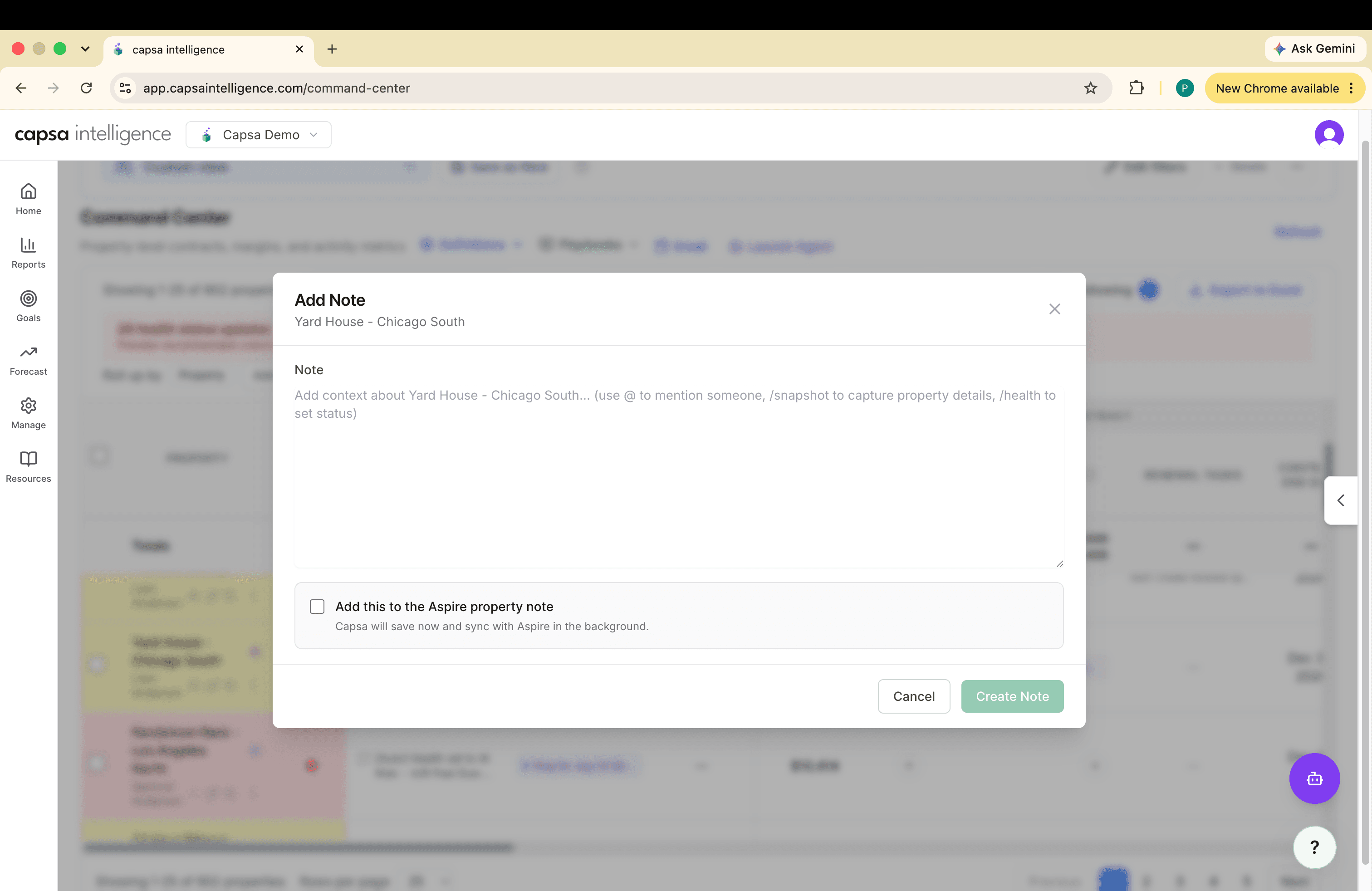 Add Note form with shortcuts for mentions, property snapshots, health updates, and an option to add the note to Aspire