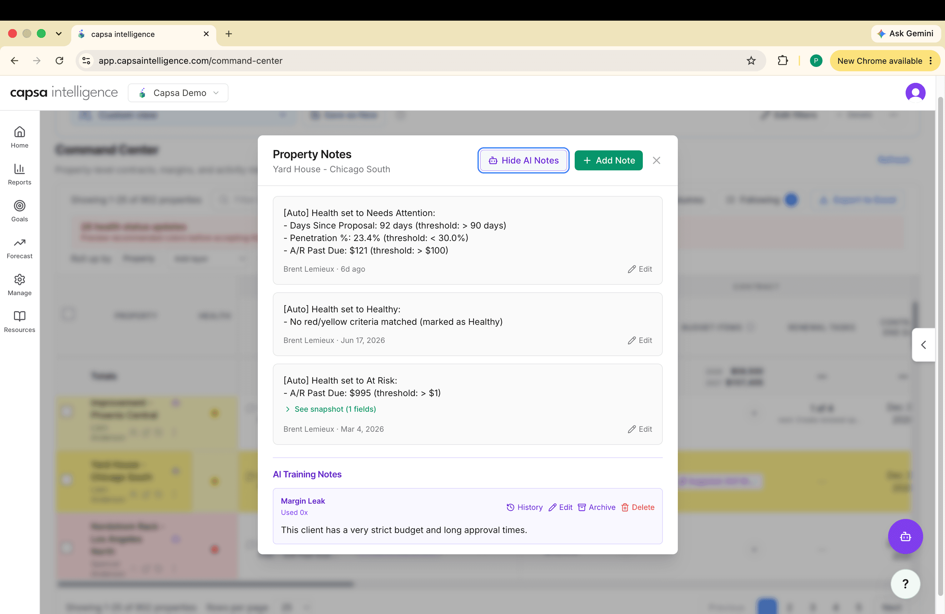 Property Notes history with AI Training Notes visible beneath the property timeline