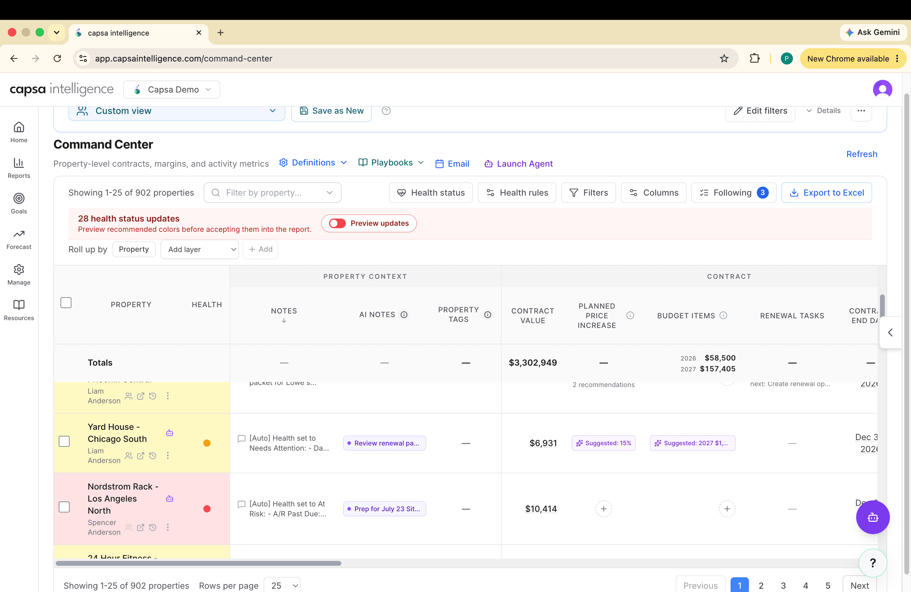 Command Center with the Notes column beside Health and AI Notes
