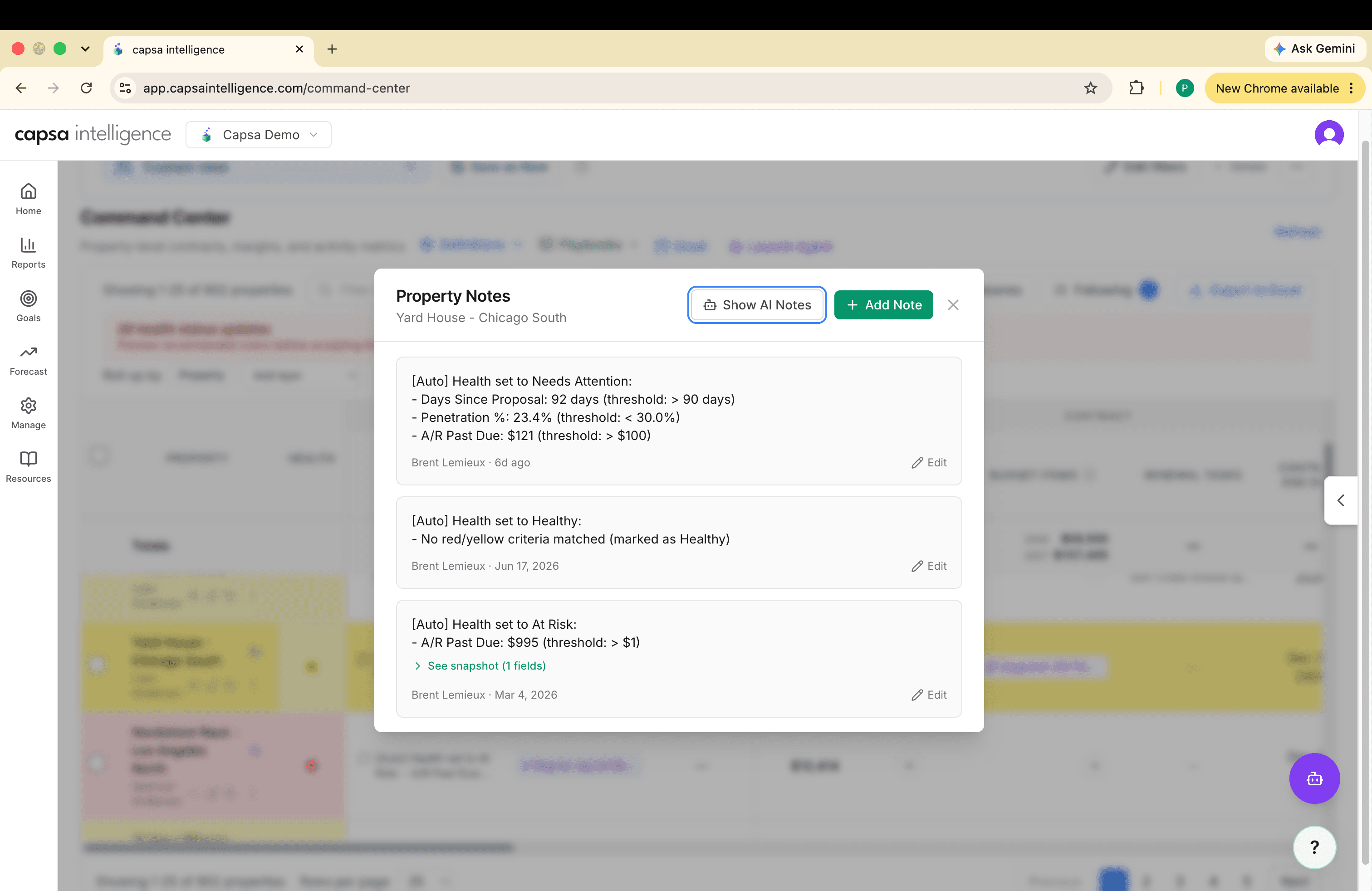 Property Notes history showing automatic health changes and controls for AI Notes and adding a note
