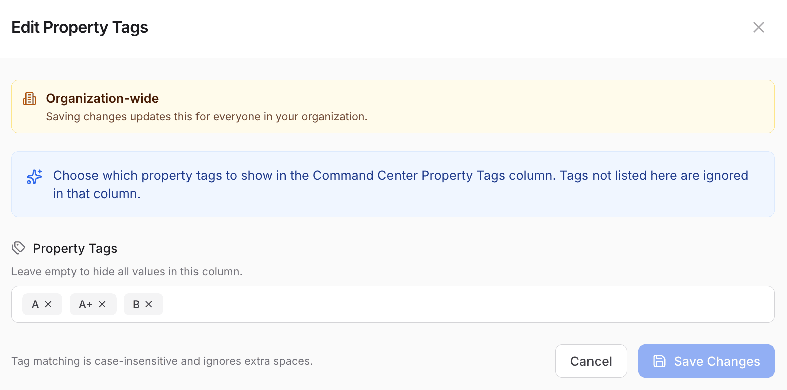 Property tags A+, A, and B set up to define account tiers across the whole organization
