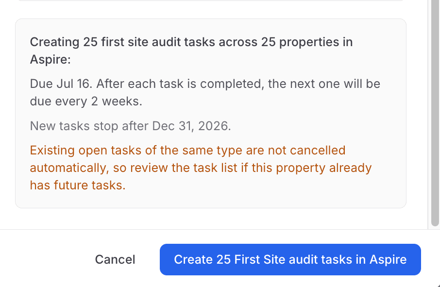 Confirmation summary before creating: 25 tasks across 25 properties, first due Jul 16, recurring every two weeks, ending Dec 31 2026, with a caution that existing open tasks of the same type are not cancelled automatically
