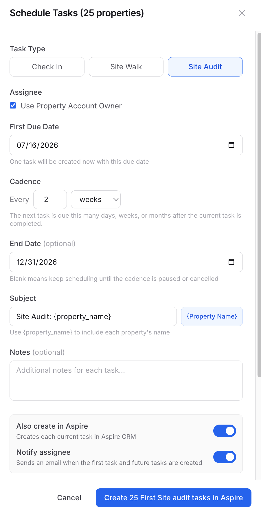 Recurring task scheduler with task type choices Check In, Site Walk, and Site Audit, an option to assign each task to the property account owner, a two-week cadence, and a subject line built from the property name