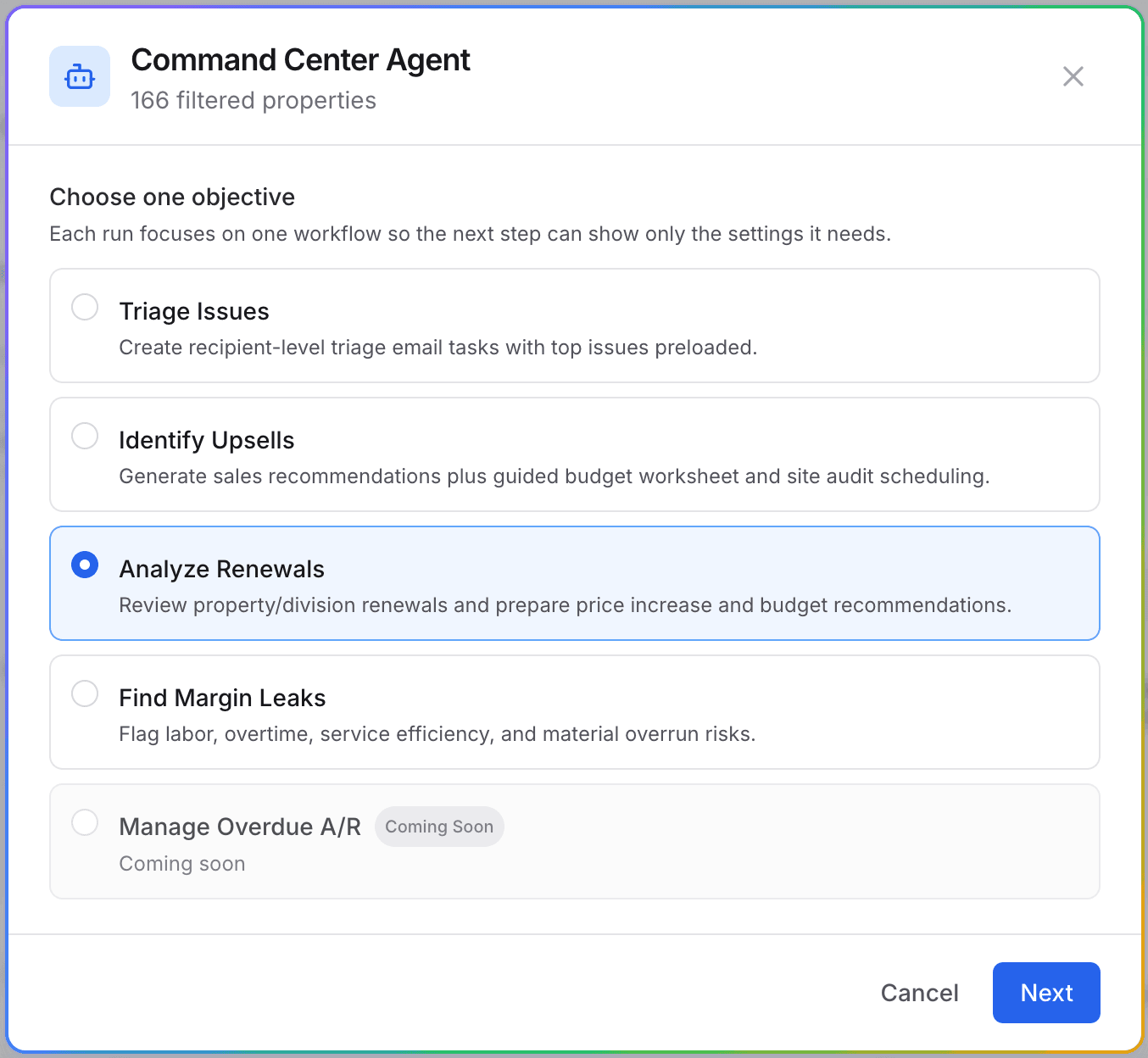 Command Center Agent showing 166 filtered properties and Analyze Renewals selected as the objective