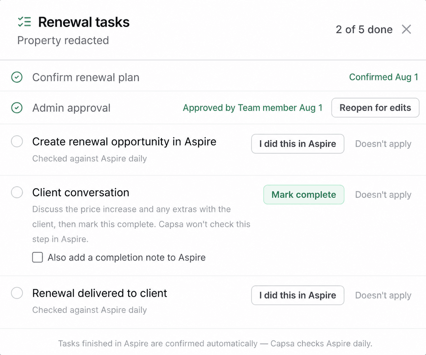 Redacted renewal-task checklist showing plan confirmation, admin approval, Aspire opportunity creation, client conversation, and renewal delivery