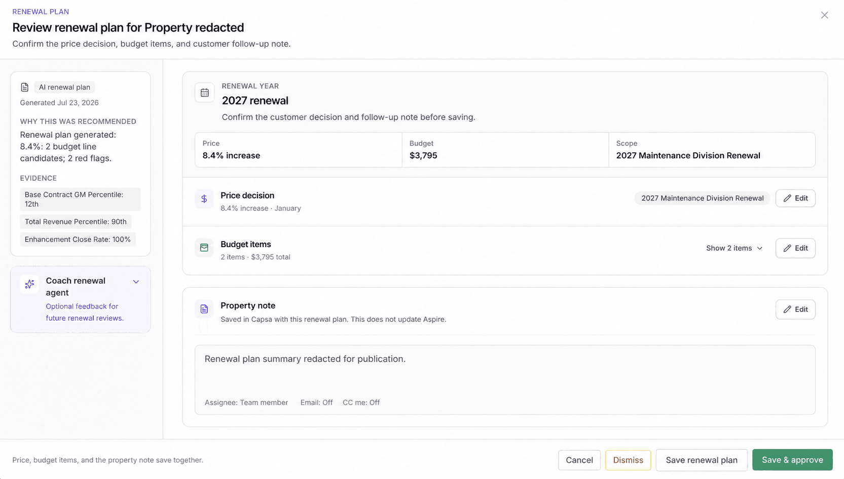 Redacted renewal plan review showing the AI evidence, proposed 8.4 percent price increase, budget items, editable property note, coaching options, and Save and approve action