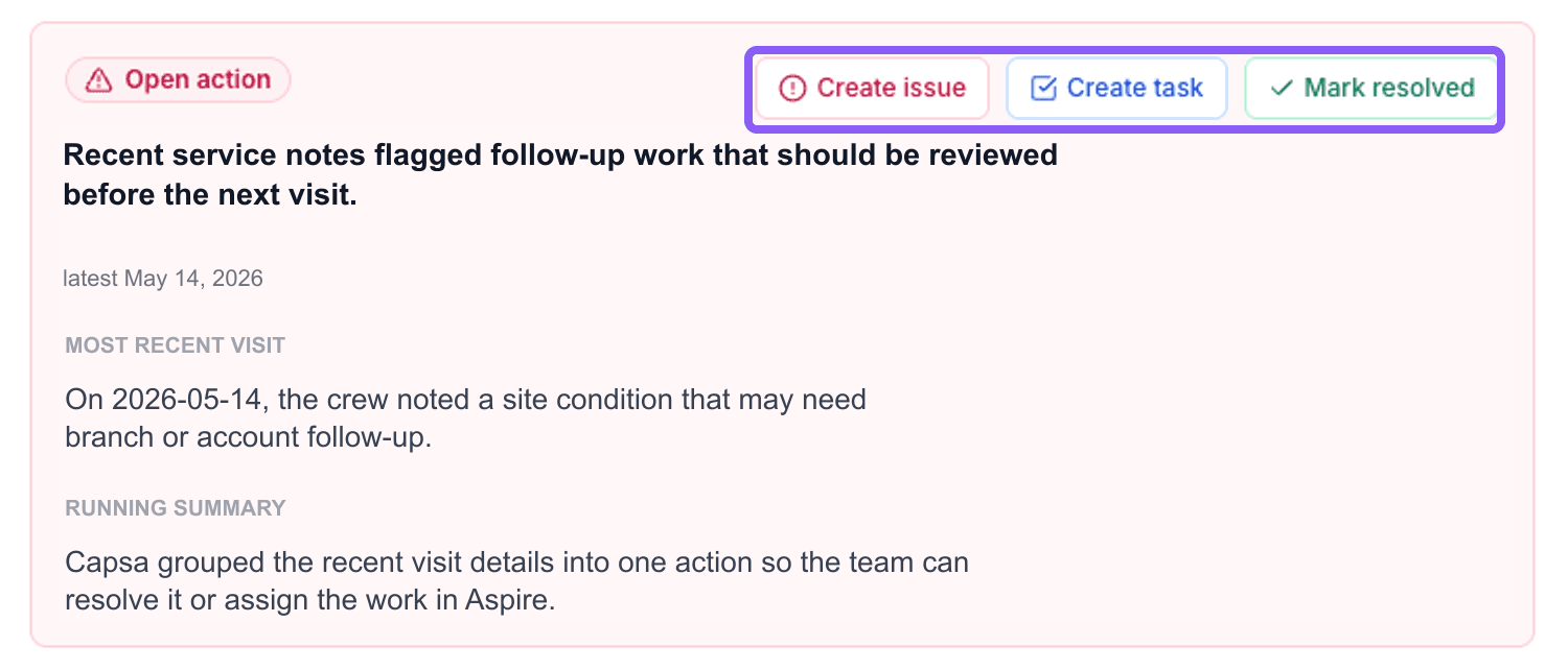 Open visit-note action with options to create an issue, create a task, or mark resolved