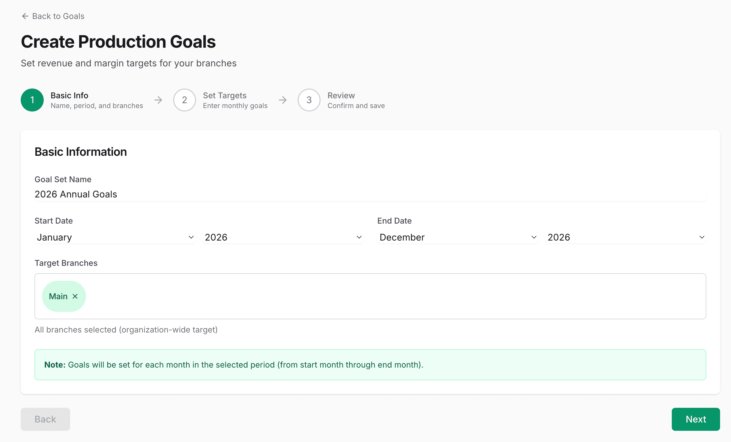Navigation to Production Goals - showing Reports menu with Planning section and Production Goals option