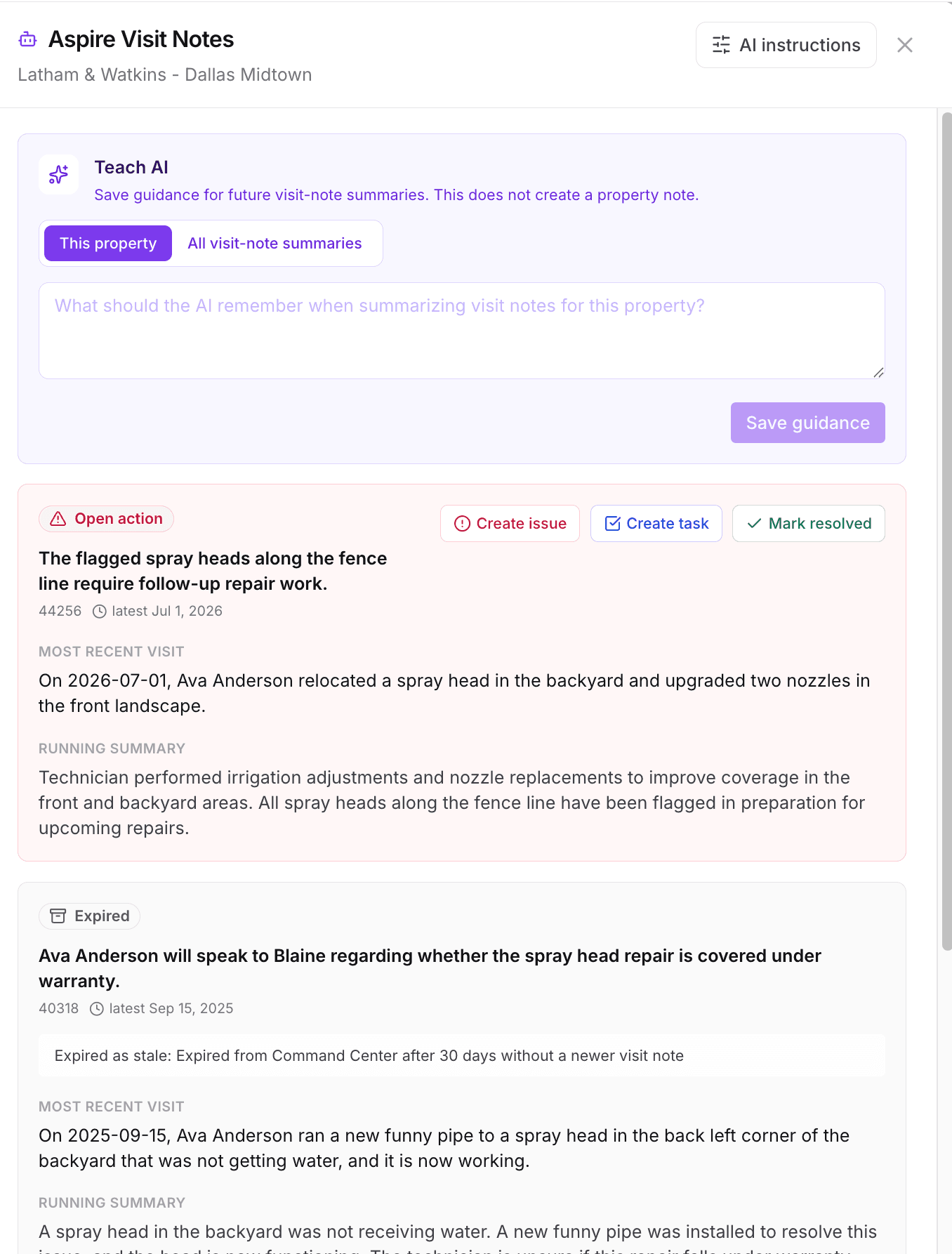 A property's visit-note follow-ups: an open action summarized from field visit notes with buttons to create an issue, create a task, or mark it resolved, alongside the running summary of recent visits