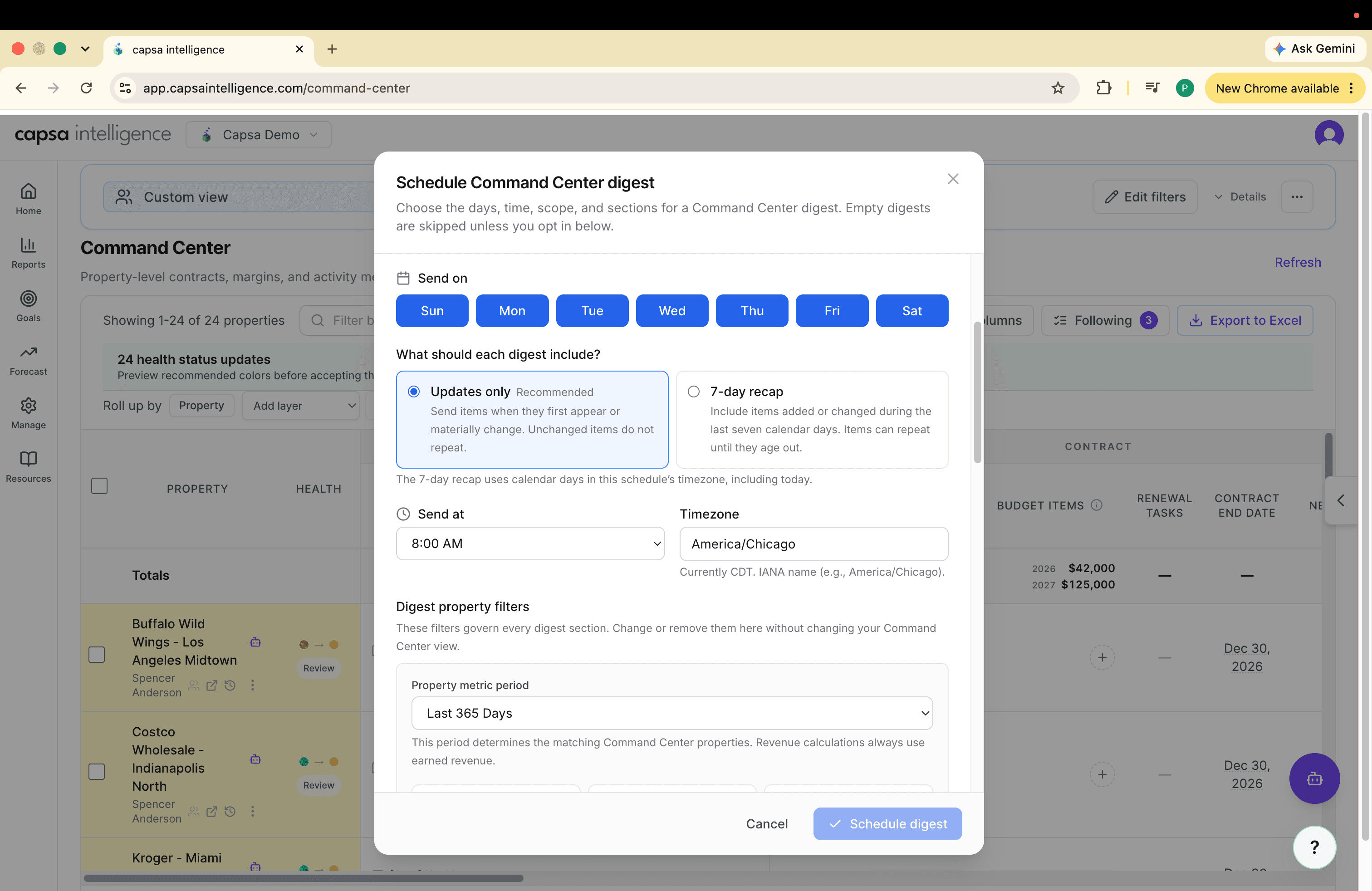 Command Center digest settings for updates-only or seven-day recap delivery, send time, timezone, and property metric period