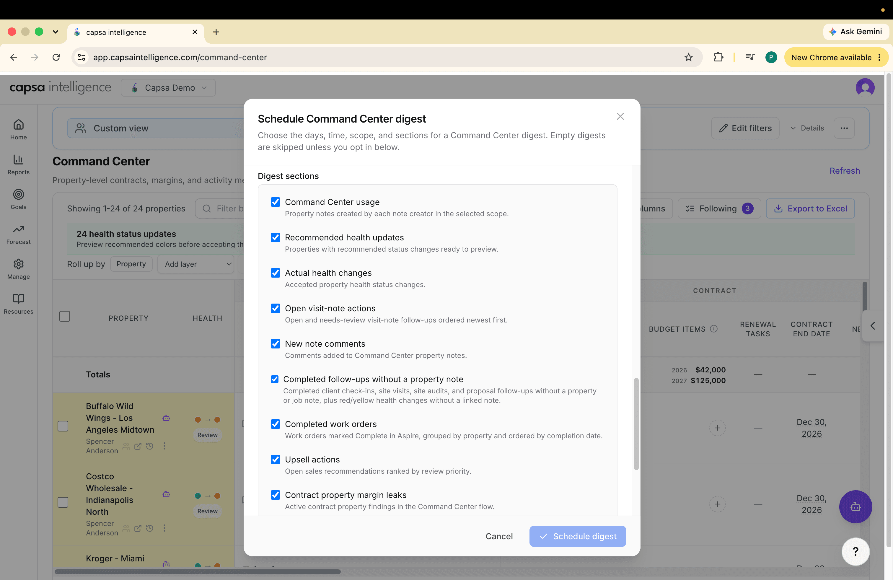 Command Center digest section choices for usage, health, visit notes, comments, follow-ups, work orders, upsell actions, and margin leaks