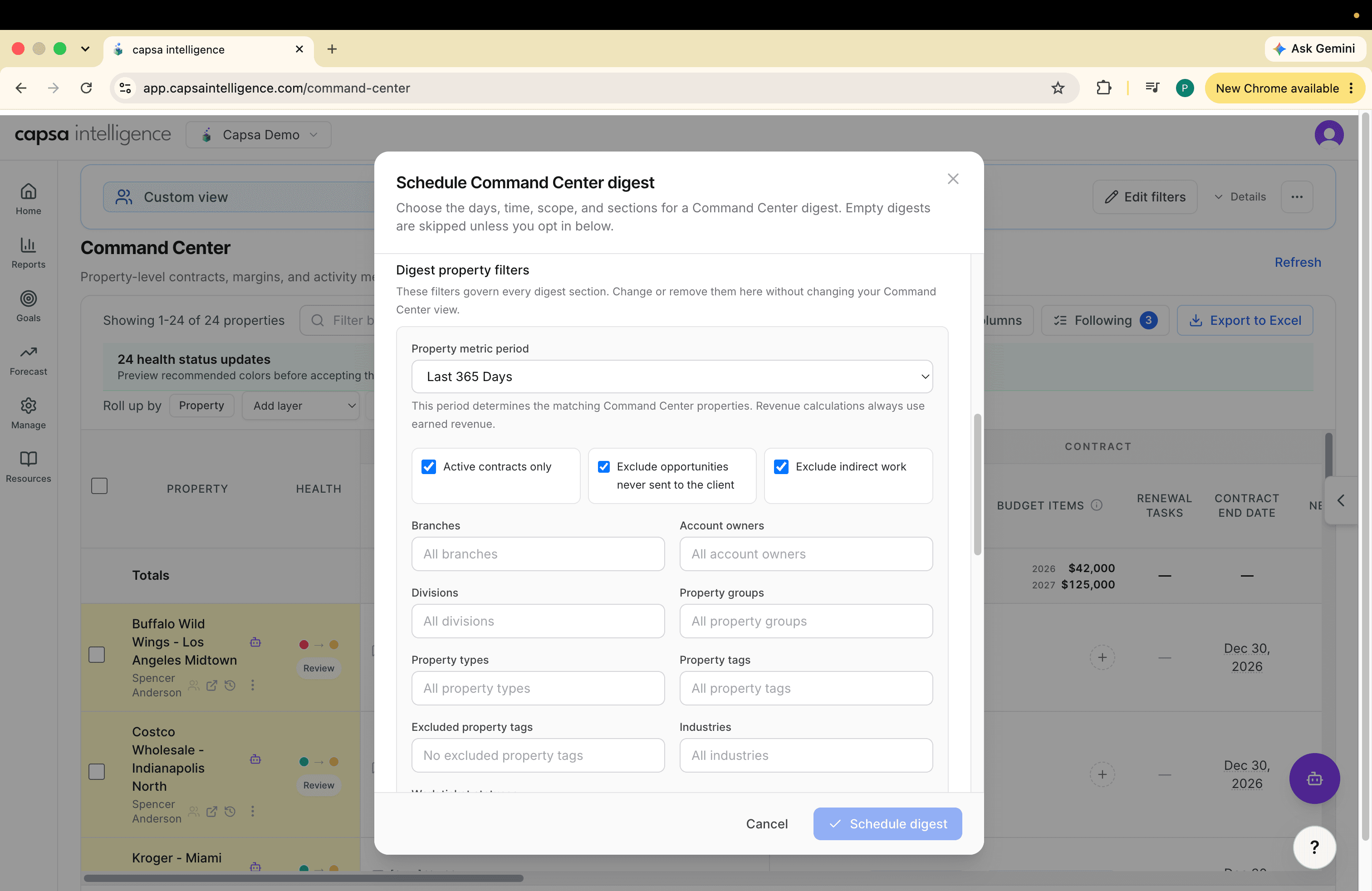 Command Center digest property filters for active contracts, branches, account owners, divisions, property groups, property types, tags, and industries