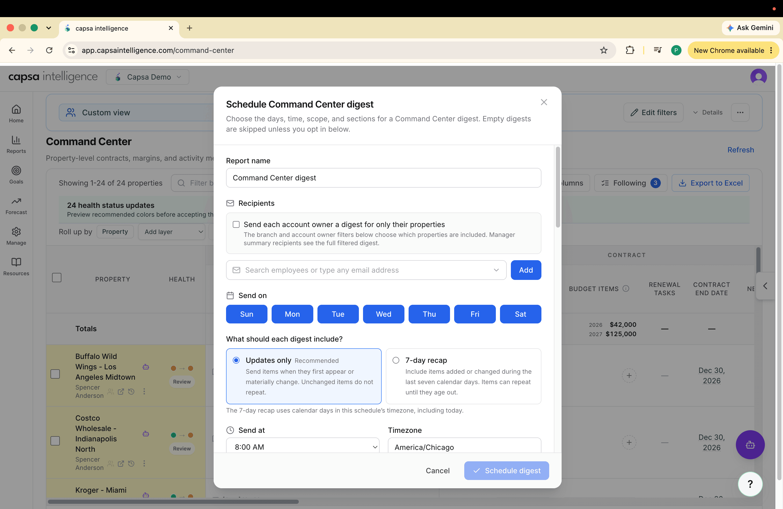 Command Center digest settings for report name, recipients, send days, delivery mode, time, and timezone