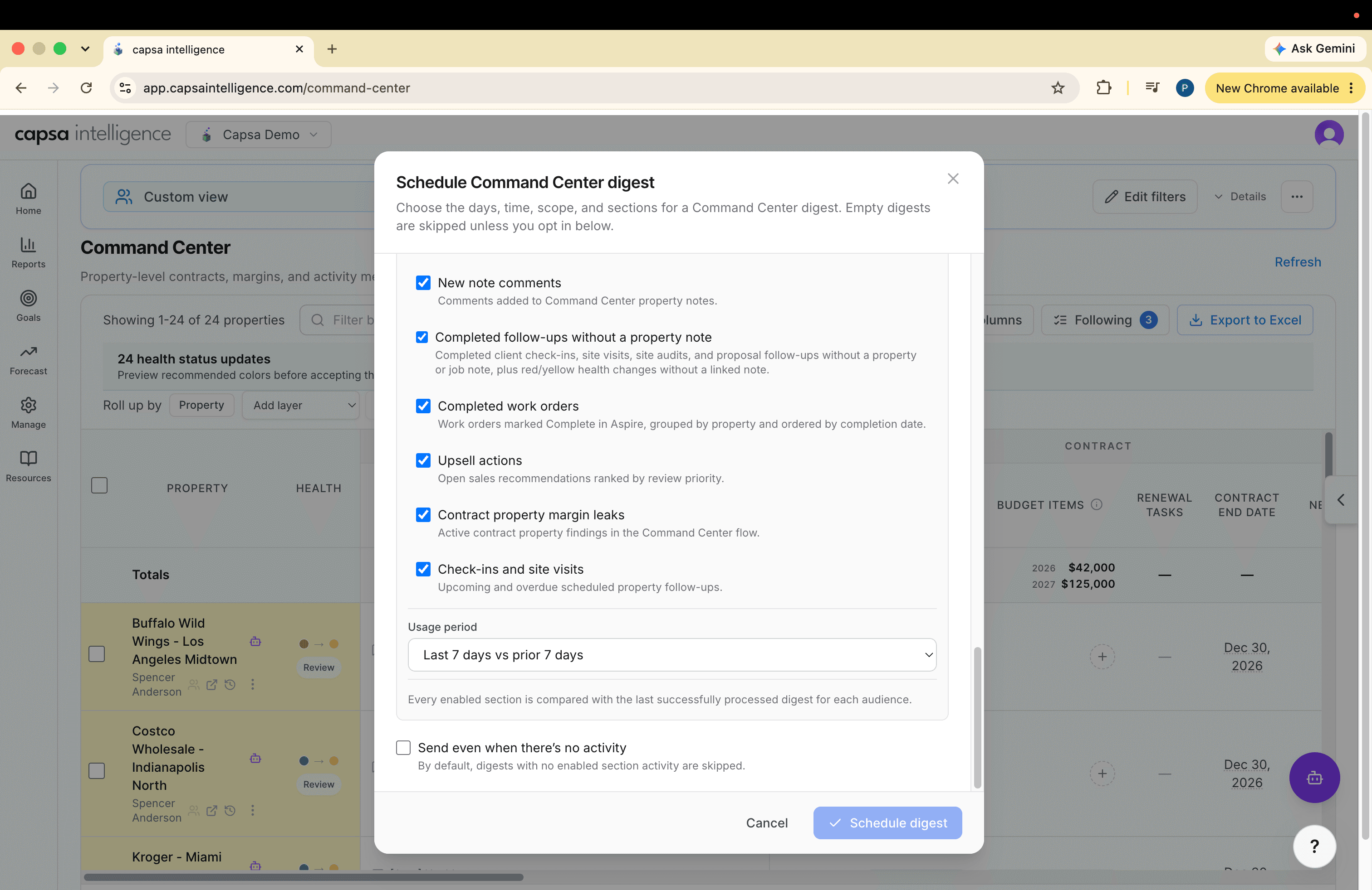 Command Center digest settings for the usage comparison period and sending when there is no activity
